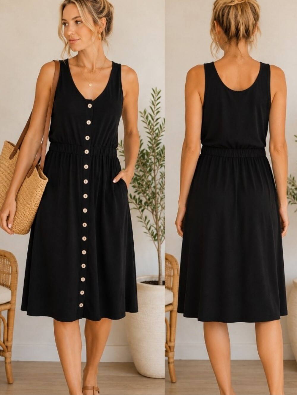 Black Button Front Tank Dress Elastic Waist Sleeveless Midi Sundress Size Medium